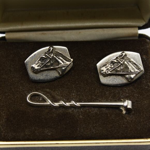 Vintage Horse Cuff Links and Riding Crop Tie Bar Set Original Gift Box - Hey Viv - Picture 2 of 7